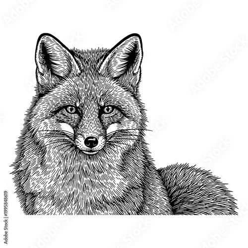 A detailed illustration of a curious fox with sharp ears and intense gaze on a plain background