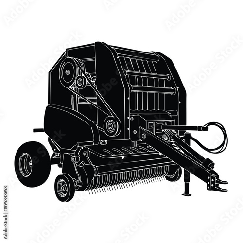 Silhouette modern agricultural round hay baler machine for farm set.