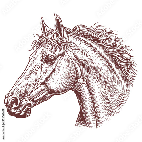 Detailed illustration of a horse's head showcasing its facial features and mane
