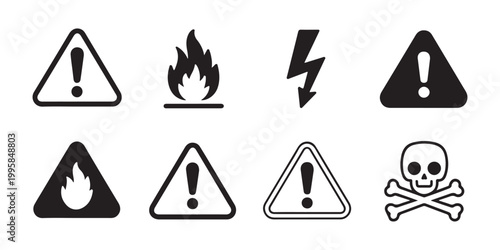 Safety Warning Symbols and Hazard Icons - Black and White Minimalist Design