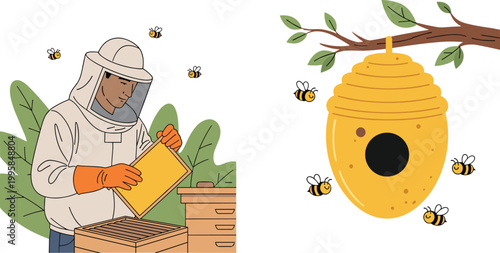 Beekeeper in Protective Gear with Beehive and Bees for Agriculture, Farming, and Environmental Design Illustrations