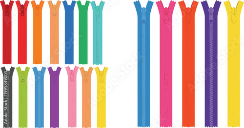 Colorful Zippers in Various Sizes and Designs for Fashion, Textile, and Accessory Illustrations