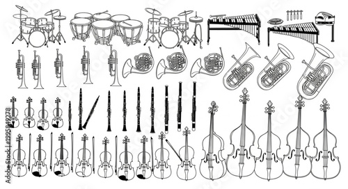 Collection of Musical Instruments in Black and White Sketch.