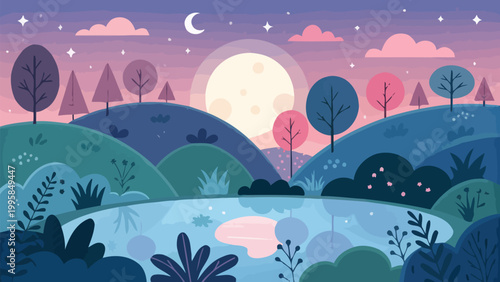 Beautiful landscape illustration with a calm lake, rolling hills, trees, and a large full moon in a starry night sky with soft pink and purple clouds
