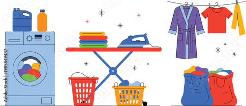 Laundry Day Tools Including Washing Machine, Ironing Board, and Clothes for Household, Cleaning, and Home Design Illustrations