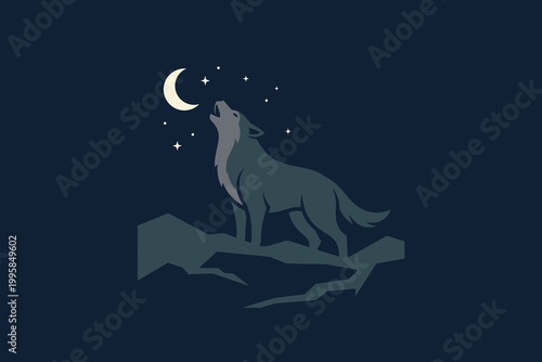 A lone wolf howls at the crescent moon under a starry night sky