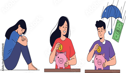 Saving Money with Piggy Bank Illustration Featuring People and Emotions for Finance, Saving, and Personal Finance Designs