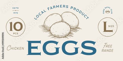 Chicken, hen with nest, eggs. Label, tag, chicken nest, eggs sketch ink pencil style drawing, engrave old school style. Sketch artwork silhouette chicken with nest, eggs. Vector Illustration