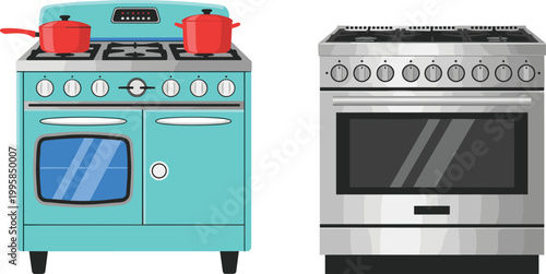 Set of Modern Kitchen Stoves with Gas and Electric Ovens, Cooking Appliances, and Kitchen Equipment