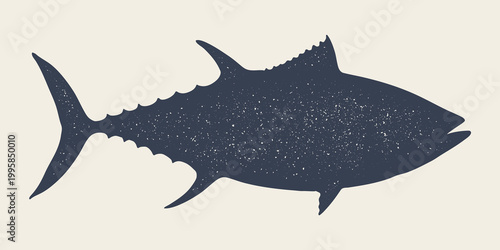 Tuna Fish, seafood, silhouette. Vintage retro print, seafood tuna fish silhouette, sea life, ink pencil drawing silhouette old school artwork, hand drawn. Sketch artwork tuna fish. Vector Illustration
