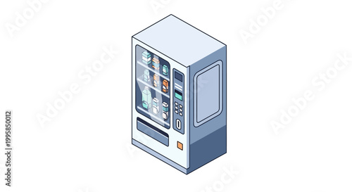Isometric 3D illustration of a modern beverage vending machine, showcasing a selection of drinks on display