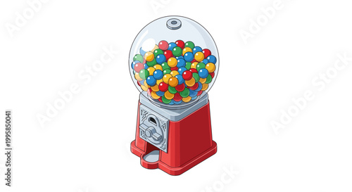 Colorful gumball machine filled with assorted candy dispensed from a red metal vending machine with a clear glass dome