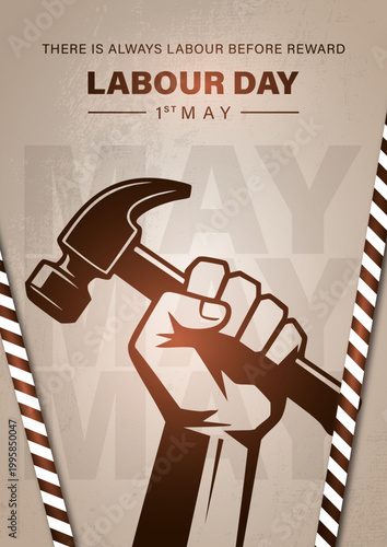Vintage Labour Day Poster With Hammer And Fist, Strong Workers Unity Labour Day Retro Design, Labour Day May 1 Industrial Style Vector Poster, Powerful Labour Day Banner Workers Solidarity