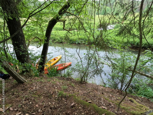 Colorful yellow and red plastic kayaks parked on grassy bank of a tranquil forest river. Outdoor summer recreation, active water sports.