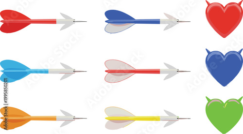 Colorful Dart and Devil Heart Icon Set with Red Blue Cyan Orange Green Flat Vector Design Elements for Games and Love Themes