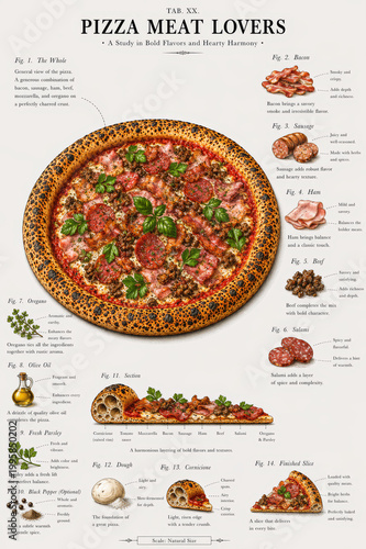 Pizza con variedad de carnes y especias con desglose de ingredientes.
