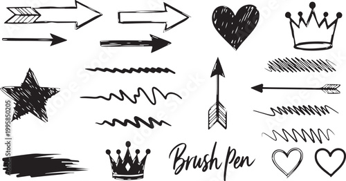 A collection of various black hand-drawn design elements, including crowns, hearts, arrows, stars, and textured brush strokes for creative scrapbooking and DIY projects.