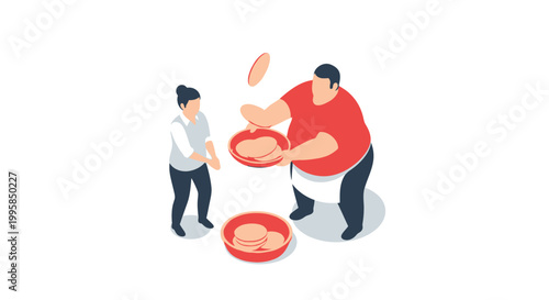 Isometric Illustration of Chefs Tossing Food in a Restaurant Kitchen.