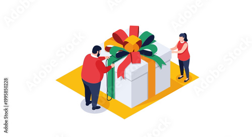 Isometric Illustration of People Preparing a Large Gift Box for Celebration.