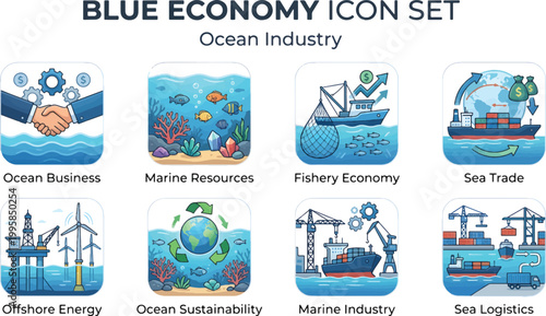 Blue Economy Icon Set – Ocean Industry, Marine Resources, Fishery Economy, Offshore Energy Flat Vector Illustration