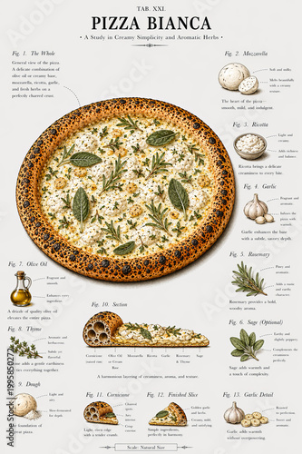  Pizza bianca con base blanca, queso y especias presentada con esquema de ingredientes.
