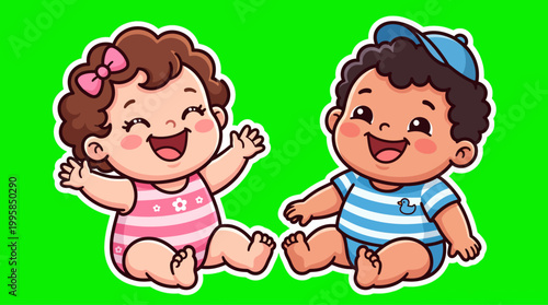 Joyful Baby Twins Laughing and Waving Hands with Delightful Expressions.