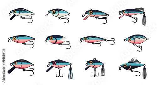 Collection of assorted fishing lures, designed to attract a variety of fish species for recreational angling and sport