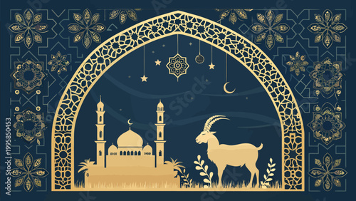 Eid aladha greeting card design with a mosque, a goat, and islamic geometric patterns in a golden arch frame on a dark blue background