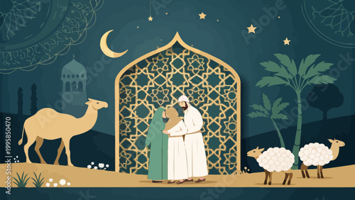 Eid aladha celebration illustration with a muslim family, camel, and sheep in a desert landscape with a crescent moon and traditional archway
