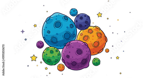 Imaginative cosmic concept A vibrant illustration of colorful, cartoon planets and asteroids, clustered together with twinkling stars, perfect for playful space-themed designs