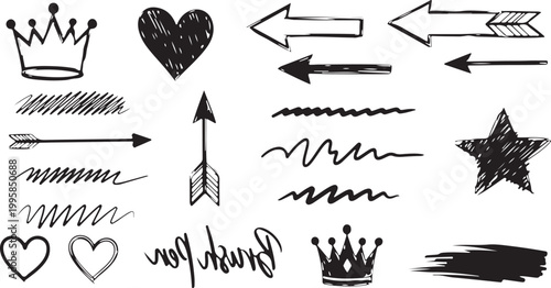 A collection of various black hand-drawn design elements, including crowns, hearts, arrows, stars, and textured brush strokes for creative scrapbooking and DIY projects.
