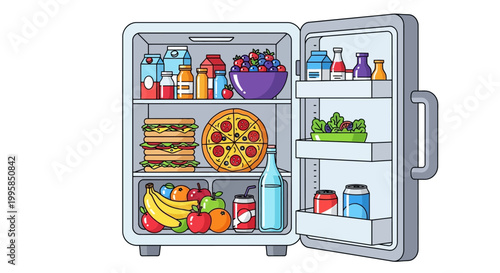 A fully stocked, open refrigerator filled with a variety of fresh foods, beverages, and snacks, showcasing healthy eating and daily nourishment