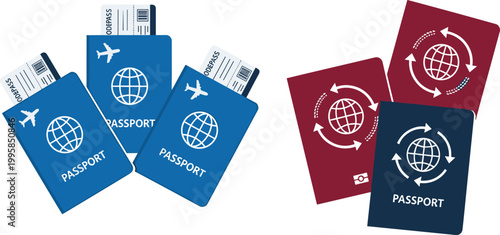 Travel Passport and Boarding Pass Set with Blue Red and Navy Globe Icon Flat Vector Illustration for International Journey and Tourism Concept