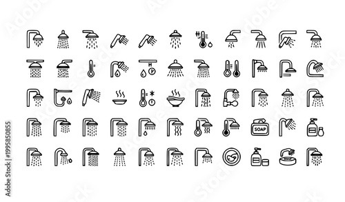 Modern minimal shower line icons bundle of eighty editable stroke bathroom and hygiene symbols isolated on white background