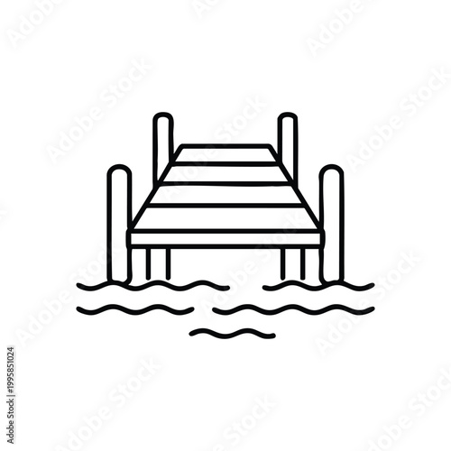 Pier infrastructure black and white vector illustration of lake dock and water jetty icon