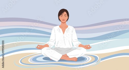 Woman Meditating on Beach with Calming Ocean Waves Background