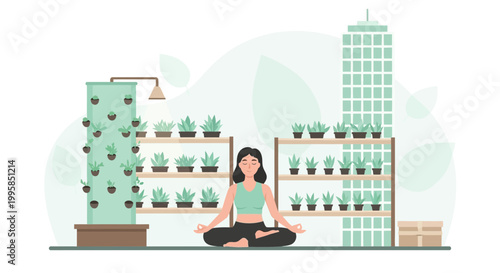 Woman meditating in urban vertical garden, promoting wellness and eco-friendly living.