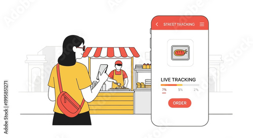 Woman Orders Food Via Mobile App at Street Food Stall with Live Tracking