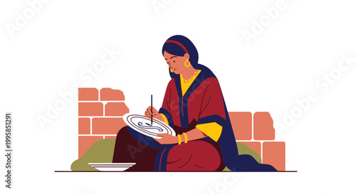 Woman painting traditional patterns on a plate, cultural handicraft, artisan work, close-up