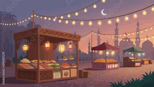 Ramadan night market with traditional food stalls, glowing lanterns, and mosque silhouettes under a crescent moon in a twilight sky