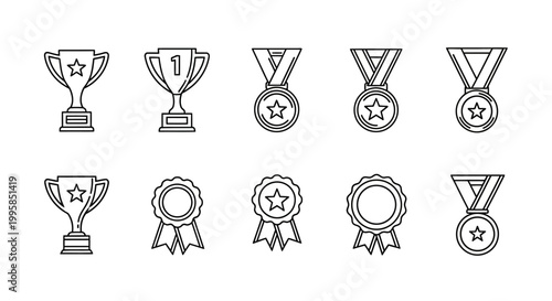 A collection of award trophies and medals.