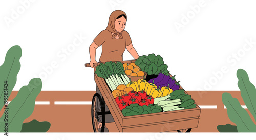 Woman pushing a cart full of fresh vegetables and fruits on a street.