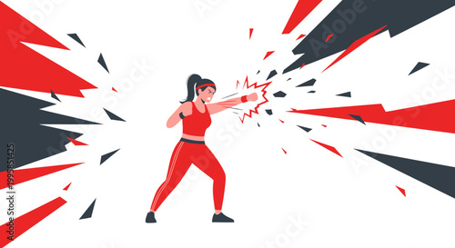 Woman punching, breaking through wall, dynamic action, fitness, strength, power, motion