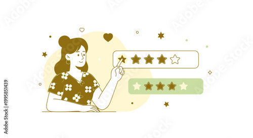 Woman rating customer service with stars, feedback and satisfaction concept