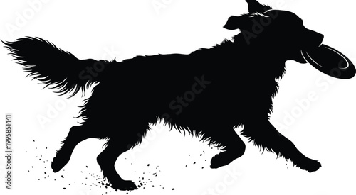 Silhouette of dog catching frisbee in motion for pet or sports design