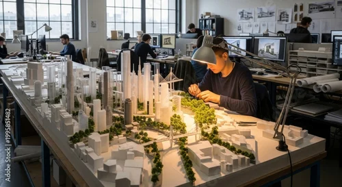 Obraz Architectural Designer Meticulously Works on City Model