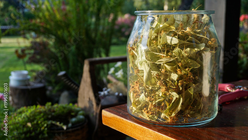 Glass jar with dried linden flowers and leaves. Tilia cordata, small leaved lime or linden, prepared for herbal tea brewing in garden setting. Natural remedies, wellness and traditional herbal use