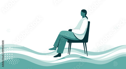Woman sitting on chair in abstract wavy water, calm and thoughtful pose