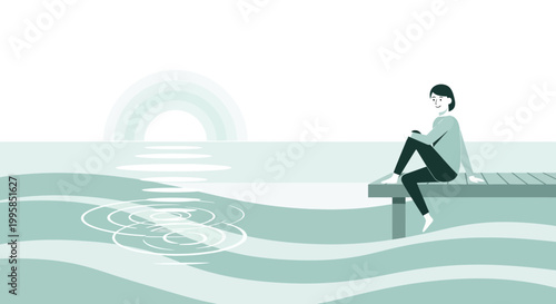 Woman sitting on a dock, looking at the serene ocean sunset, feeling peaceful and contemplative.