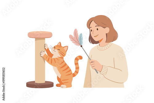 Woman playing with orange cat using feather toy near scratching post — Concept of flat vector illustration, ultra-minimalist outline  